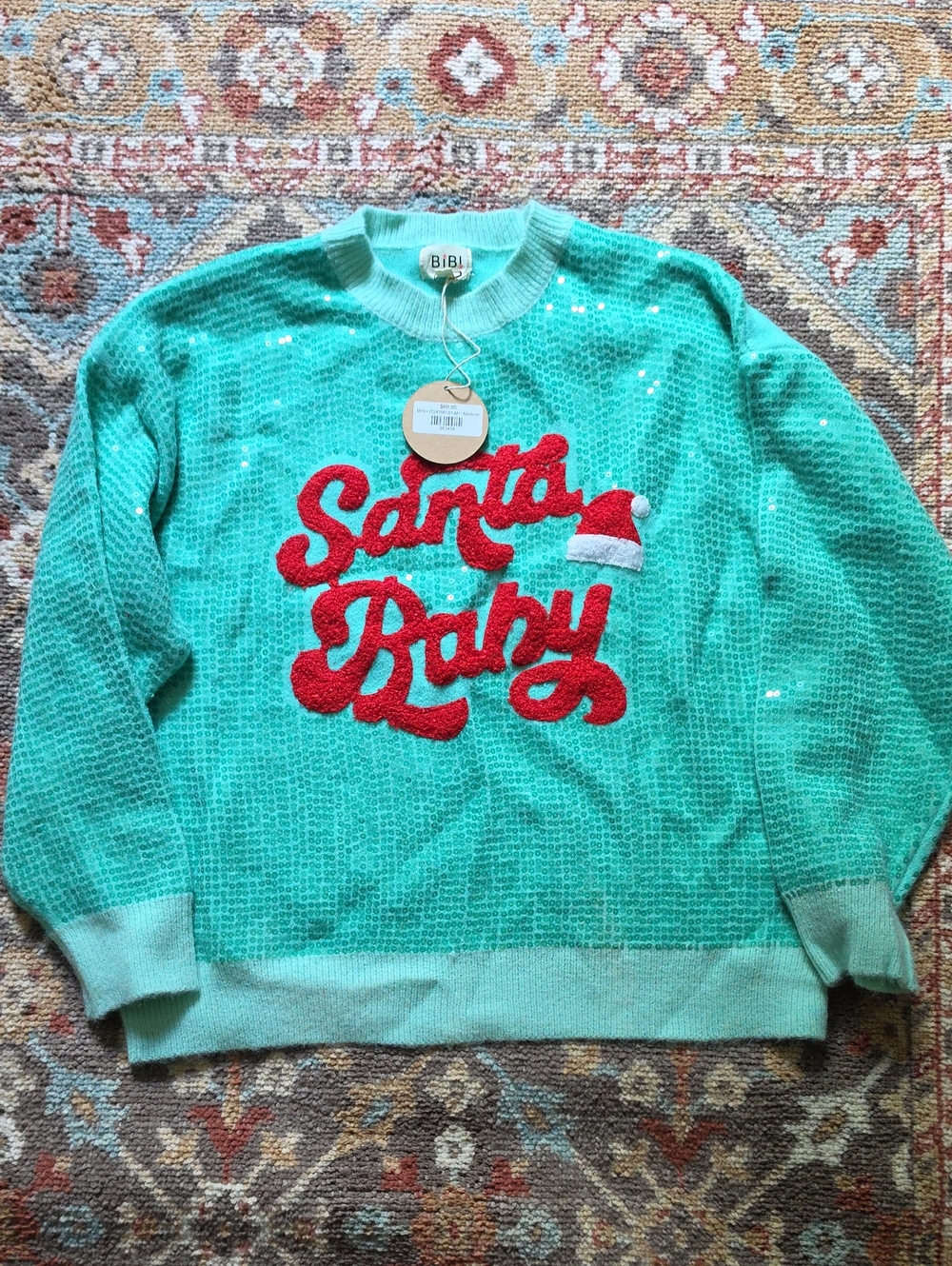 BiBi Aqua Sequin 'Santa Baby' Sweater with Red Applique